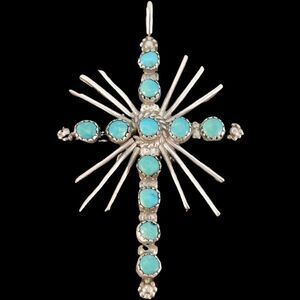 Vintage Sterling Zuni Green Turquoise Light Rays Cross